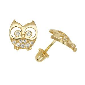 14K Solid Gold Adorable 7x8mm Owl Minimal Studs pair of screw back earrings